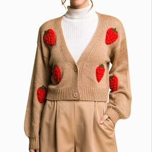 Love Tree Strawberry Embroidered Tan‎ Cardigan
